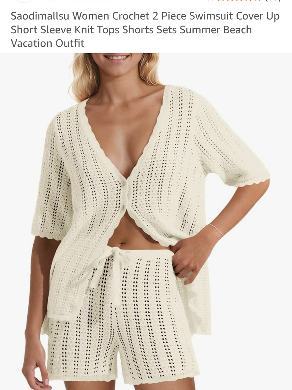 Saodimallsu Women Crochet 2 Piece Swimsuit Cover Up Short Sleeve Knit Tops Short
